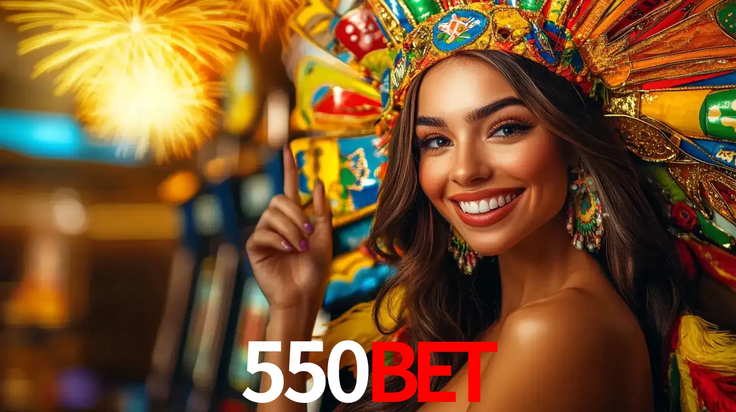 Mulher sorridente com um cocar de carnaval vibrante e colorido, celebrando uma grande vitória nos jogos do cassino 550BET com fogos de artifício ao fundo.