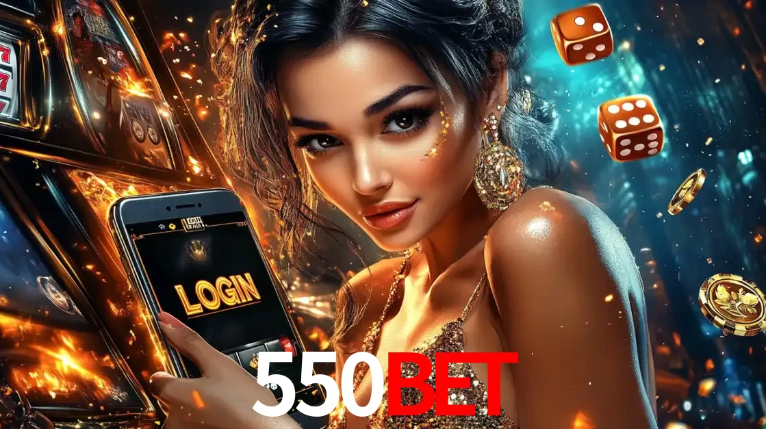 Mulher glamourosa segurando um celular com a tela de login do cassino 550BET, rodeada por dados e moedas douradas, pronta para começar a diversão.