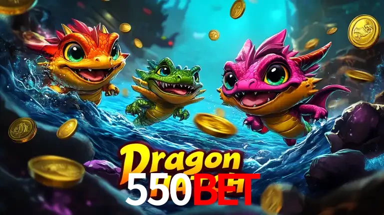 Arte promocional do jogo Dragon Hatch com três adoráveis dragões bebês nadando entre moedas de ouro, um dos slots mais divertidos para jogar no cassino 550BET.
