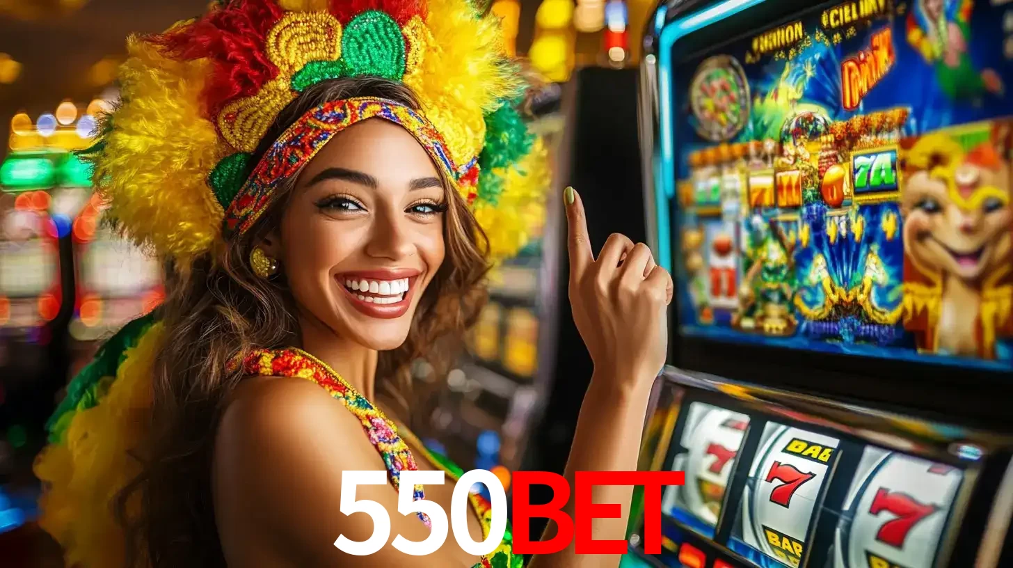 Mulher animada com um cocar de carnaval apontando para uma máquina de caça-níqueis, mostrando a emoção de ganhar um grande prêmio nos jogos do 550BET.