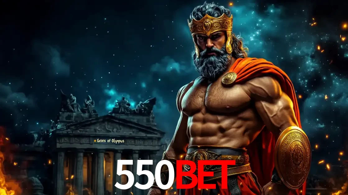 O poderoso Zeus do jogo de slot Gates of Olympus em frente ao seu templo, pronto para lançar multiplicadores divinos e prêmios épicos no cassino online 550BET.