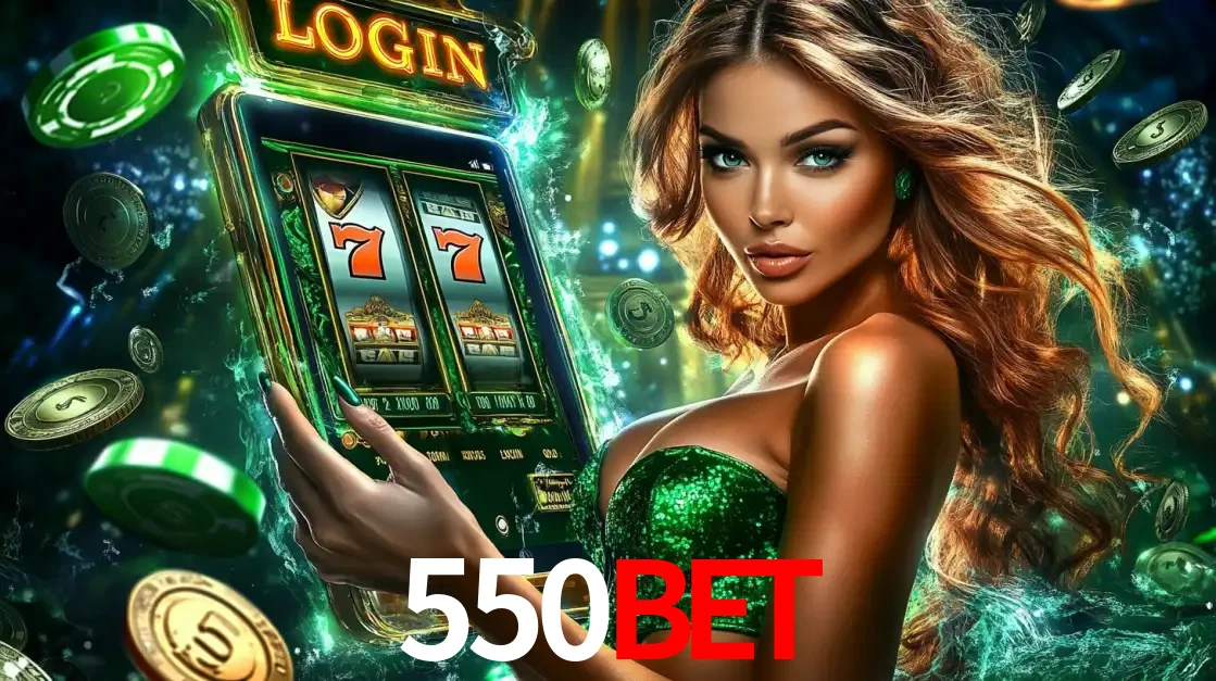 Mulher com tema verde apresentando o aplicativo do cassino 550BET com um jogo de slot de 777, cercada por fichas de cassino e uma aura de sorte.