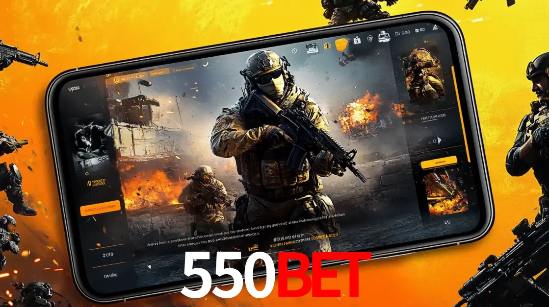 Um smartphone exibindo a interface de um jogo de tiro em primeira pessoa, com um soldado em um cenário de batalha, representando a ação dos e-sports para apostar no 550BET.