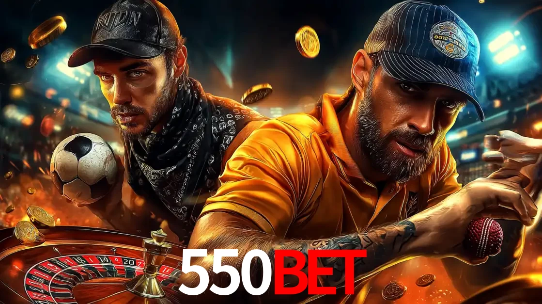 Montagem de apostas esportivas e cassino no 550BET, com um homem segurando uma bola de futebol e outro uma de beisebol sobre uma roleta e moedas voadoras.