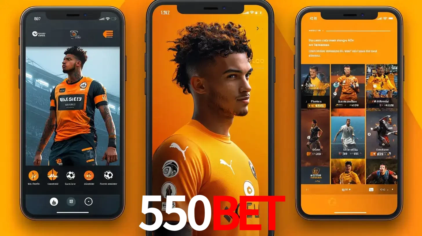 Interface do aplicativo de apostas esportivas 550BET em três telas de celular, mostrando o perfil de um jogador de futebol e a lista de jogos disponíveis para apostar.