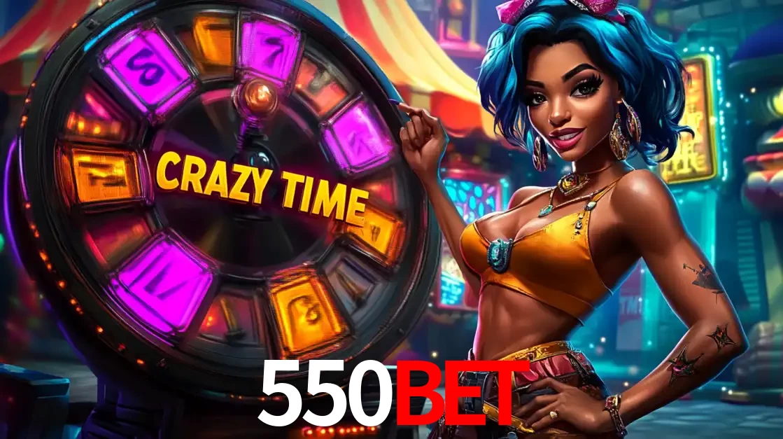 Mulher estilizada com cabelo azul e visual vibrante posando ao lado da roda de prêmios do game show Crazy Time, convidando para a diversão e os bônus do cassino 550BET.