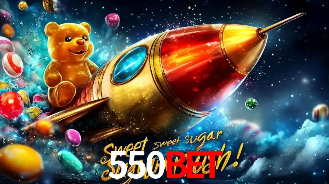 Arte promocional do jogo de slot Sugar Rush, com um urso de pelúcia em um foguete viajando pelo espaço de doces, um dos jogos divertidos disponíveis no cassino 550BET.