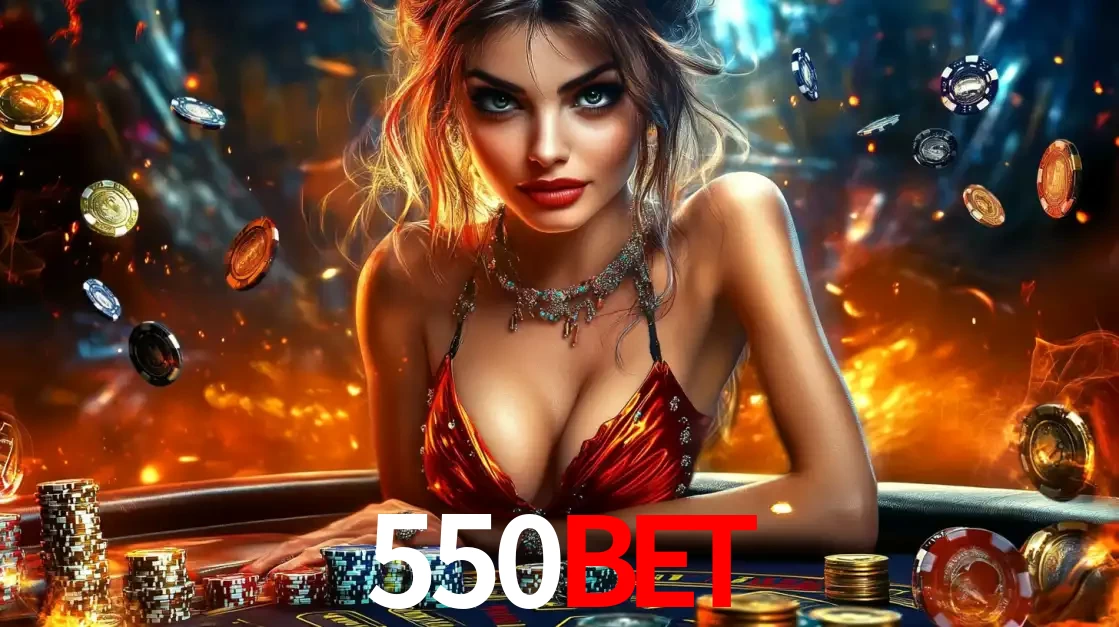 Mulher em uma mesa de cassino com pilhas de fichas e um fundo de fogo, pronta para uma rodada de altas apostas nos jogos de mesa emocionantes do cassino 550BET.