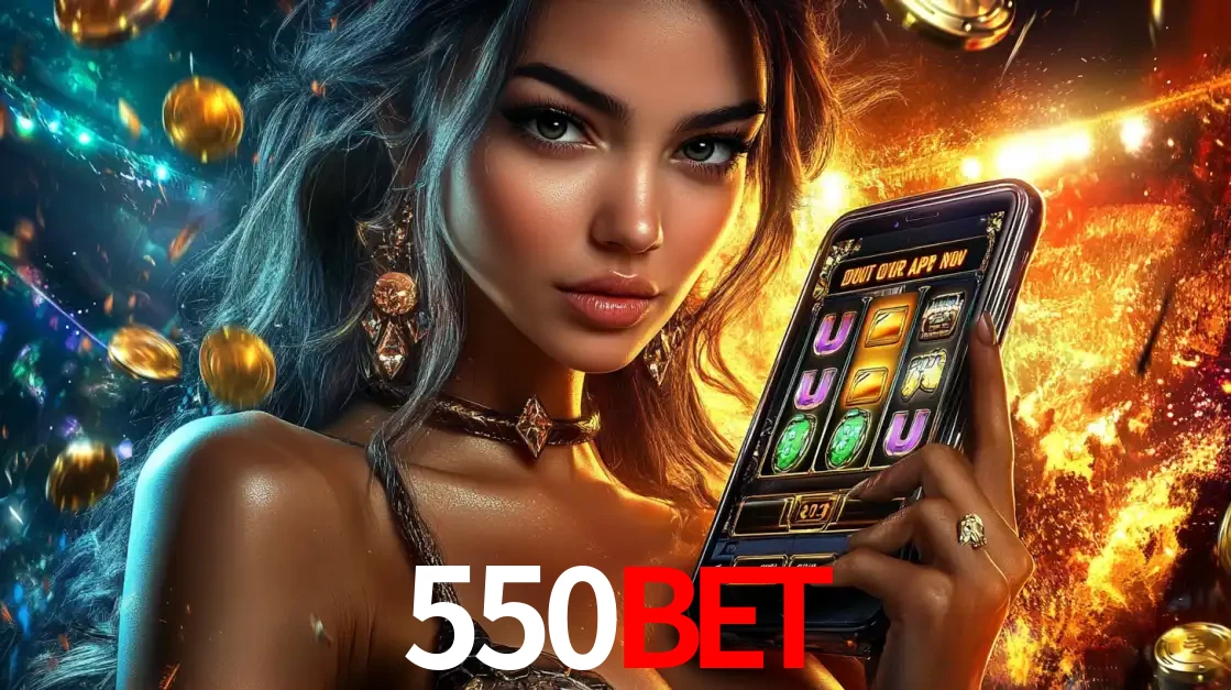 Mulher elegante mostrando um jogo de caça-níqueis em seu smartphone, destacando a experiência de cassino móvel oferecida pelo aplicativo 550BET.