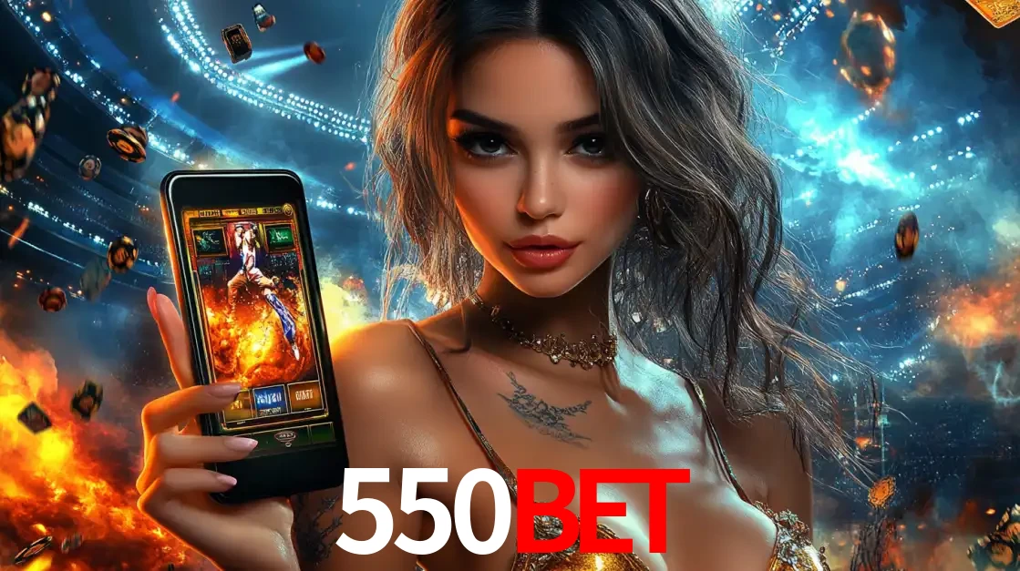 Mulher segurando um celular com um jogo de slot em destaque, tendo como fundo um estádio vibrante, simbolizando a emoção de jogar no cassino móvel 550BET.