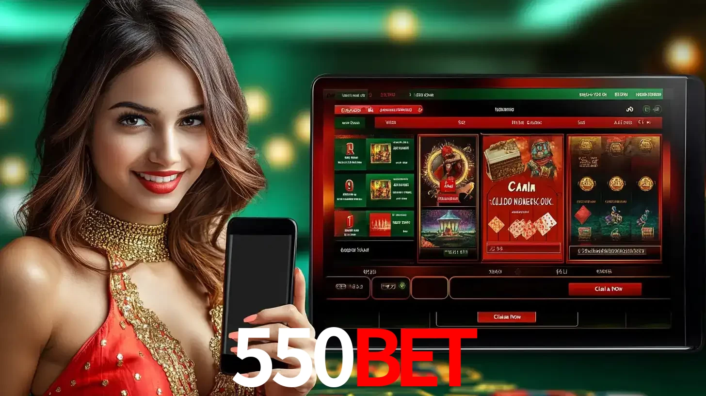 Mulher sorridente segurando um smartphone, ao lado de uma tela exibindo o lobby de jogos do cassino online 550BET, com várias opções de jogos de cartas e slots.